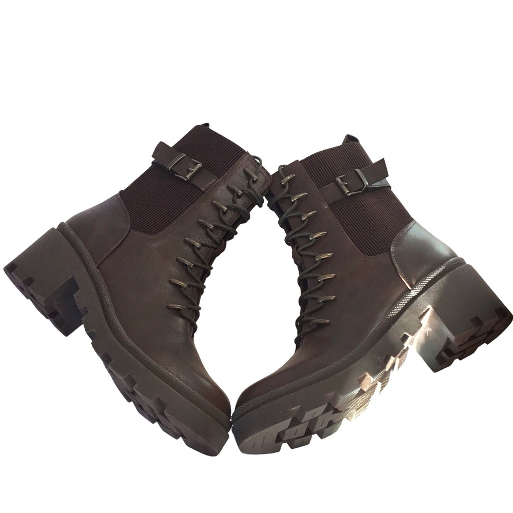 🆕TAHARI MELISSA Chunky Combat Ankle Boot Brown Vegan Leather Lace/Zip up Size-10 - Picture 3 of 16